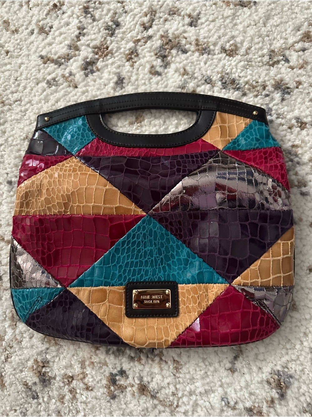 Nine West Teal Burgundy Plum Gold Patchwork Croc-Embossed Wristlet Tote